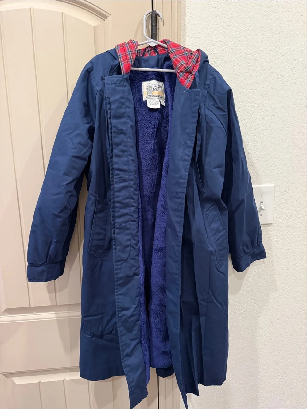 Vintage London Fog Navy Hooded Coat with Red Plaid Lining
